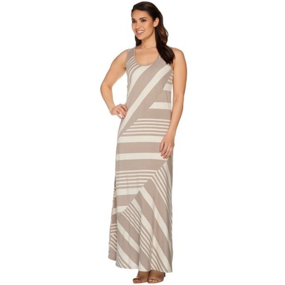 NWT LISA‎ RINNA COLLECTION STRIPE U-SHAPE NECK KNIT MAXI DRESS TAUPE SMALL - Picture 2 of 6